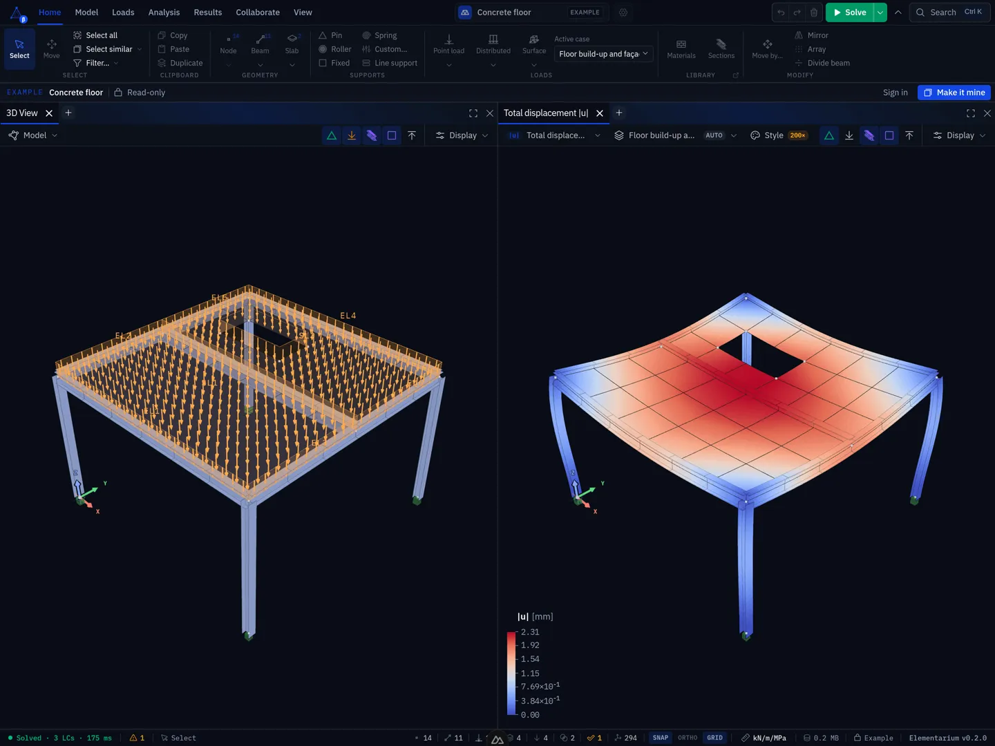 Concrete floor example: model with loads on the left, total displacement on the right
