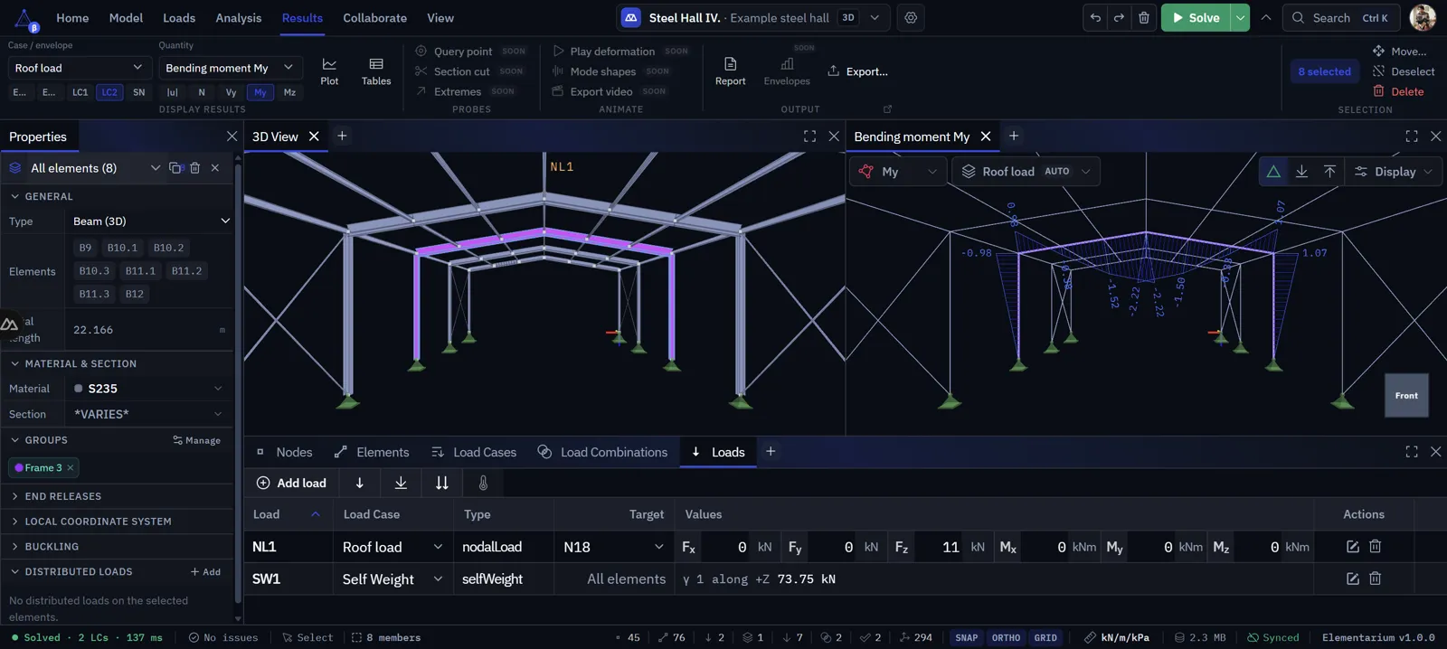 Steel hall in Elementarium: properties panel, 3D view, bending moment diagram and the loads table