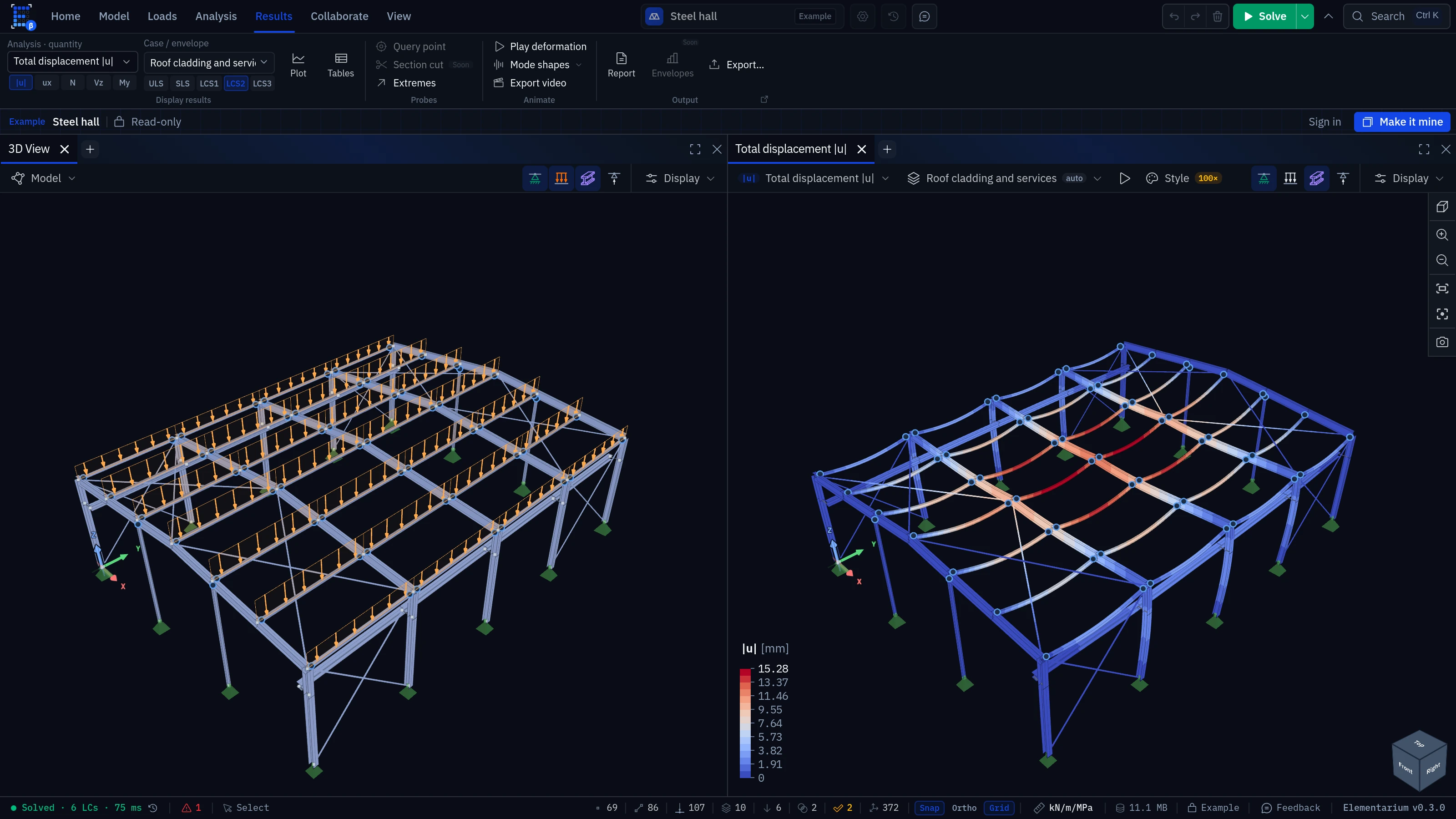 Steel hall example in Elementarium: loaded model on the left, total displacement on the right