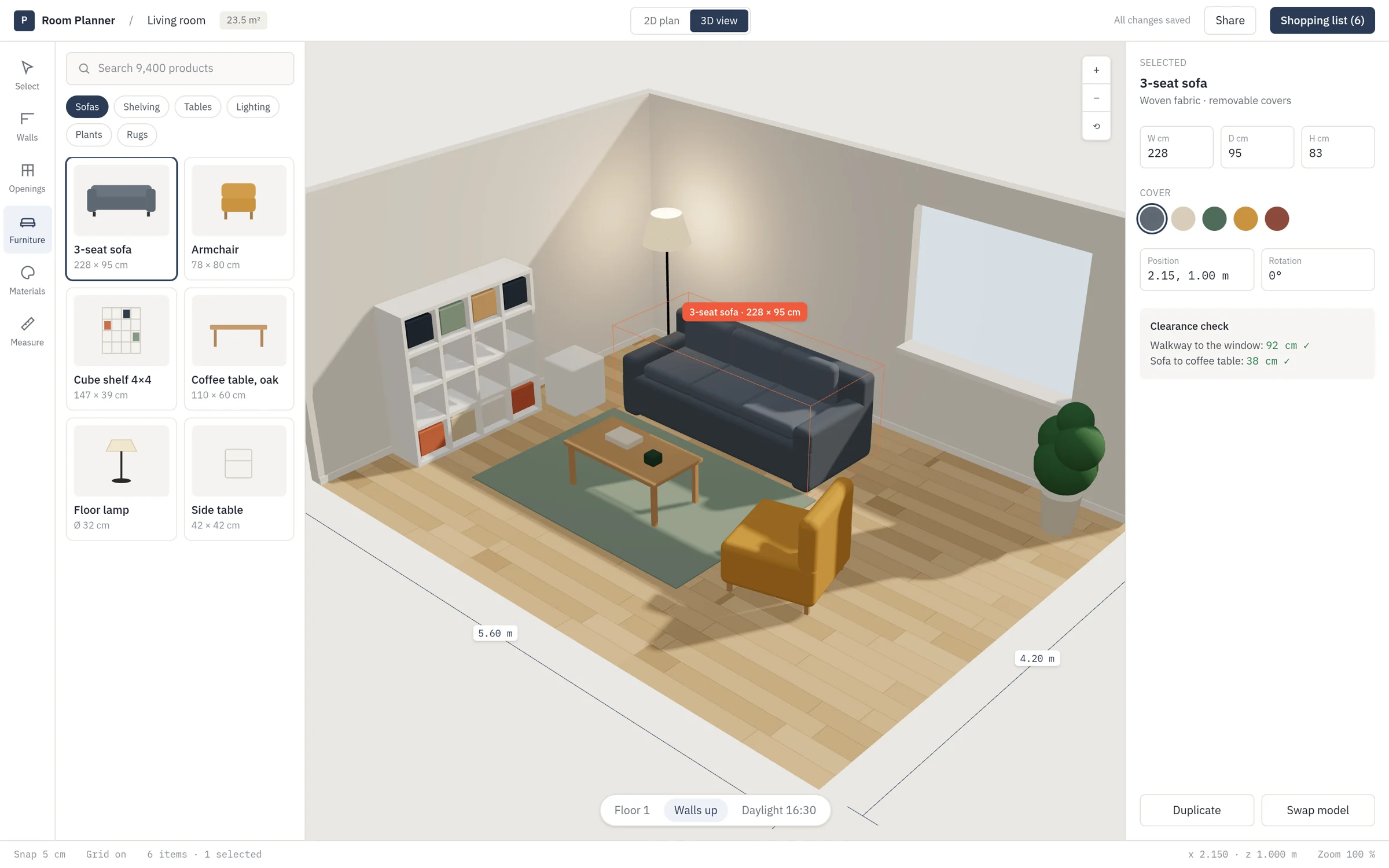 Illustrative 3D room planner: catalogue, 3D room view with a selected sofa, properties panel